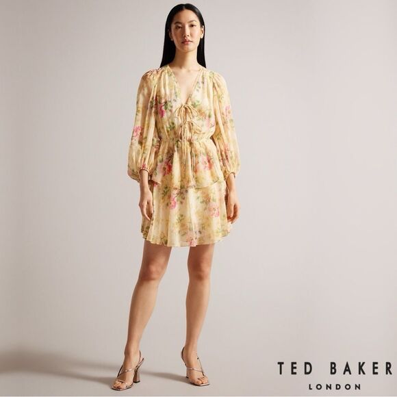 Ted Baker **NWT** Tamziiy Floral Print Tie Front Mini Dress, Tan - Picture 11 of 12